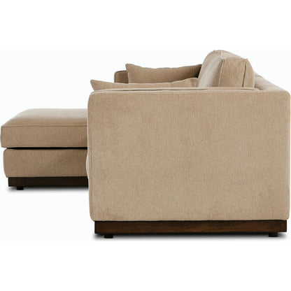 Lawrence 2-Piece Sectional with Chaise by Four Hands in nova taupe. Made from 100% polyester, solid rosa morada, solid pine in a modern style.