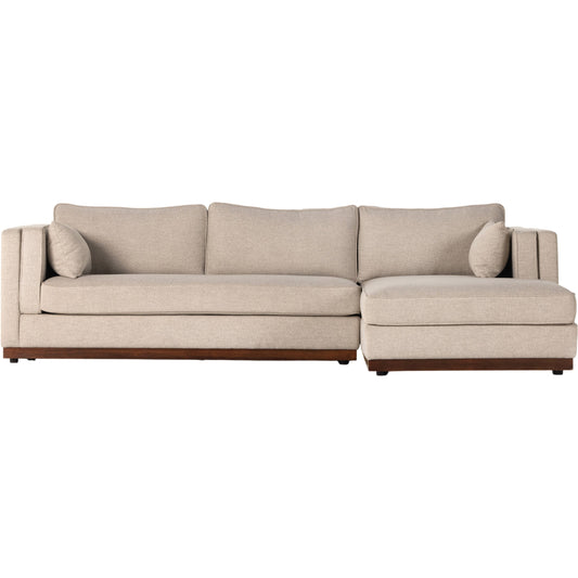Lawrence 2-Piece Sectional with Chaise by Four Hands in nova taupe. Made from 100% polyester, solid rosa morada, solid pine in a modern style.