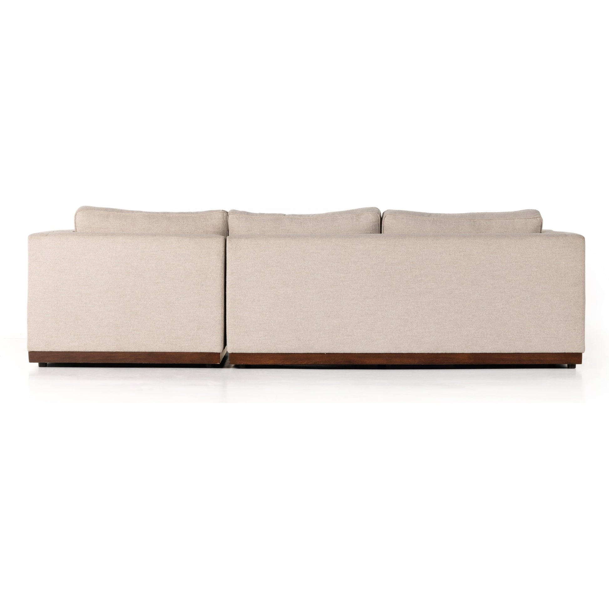 Lawrence 2-Piece Sectional with Chaise by Four Hands in nova taupe. Made from 100% polyester, solid rosa morada, solid pine in a modern style.