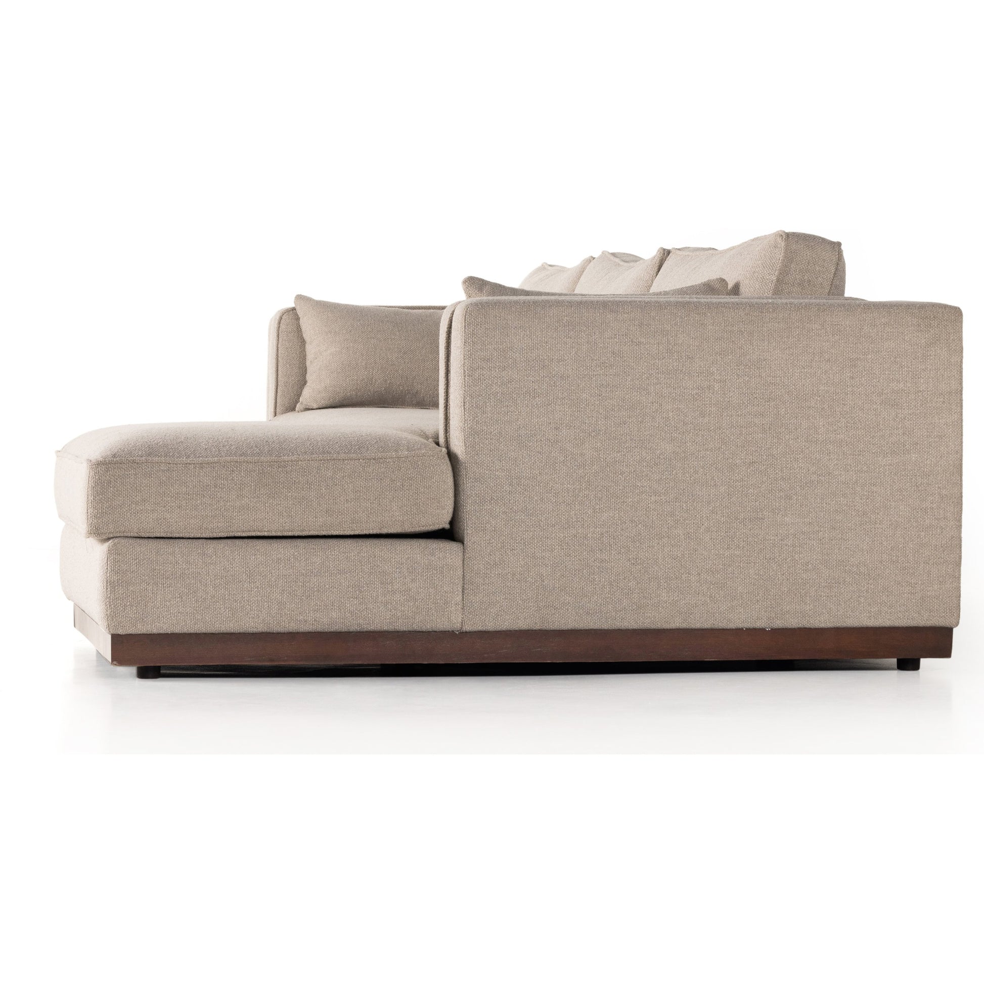 Lawrence 2-Piece Sectional with Chaise by Four Hands in nova taupe. Made from 100% polyester, solid rosa morada, solid pine in a modern style.