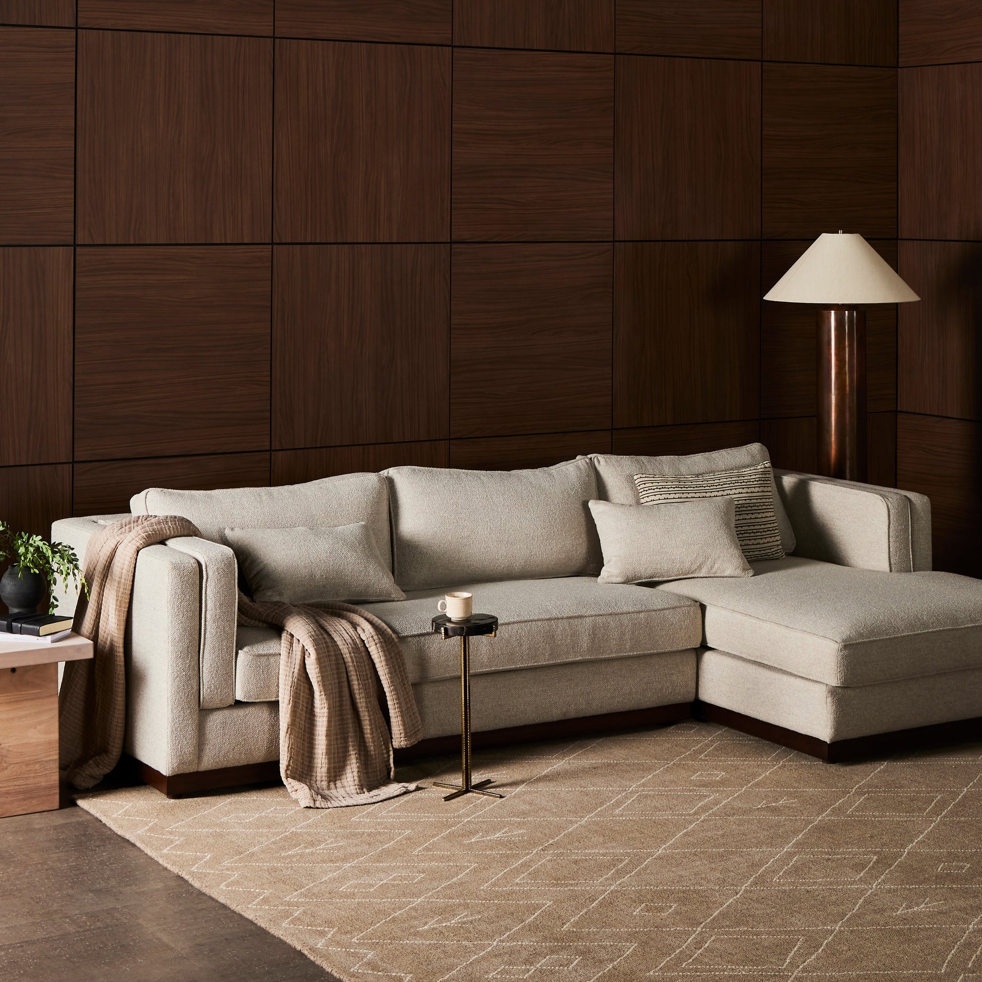 Lawrence 2-Piece Sectional with Chaise by Four Hands in nova taupe. Made from 100% polyester, solid rosa morada, solid pine in a modern style.