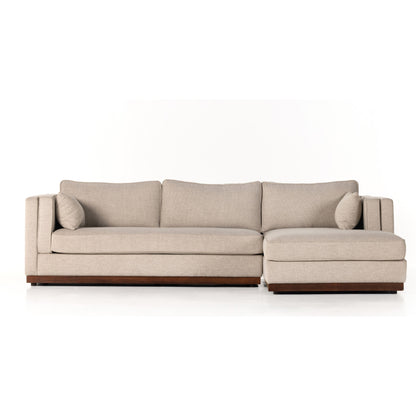 Lawrence 2-Piece Sectional with Chaise by Four Hands in nova taupe. Made from 100% polyester, solid rosa morada, solid pine in a modern style.