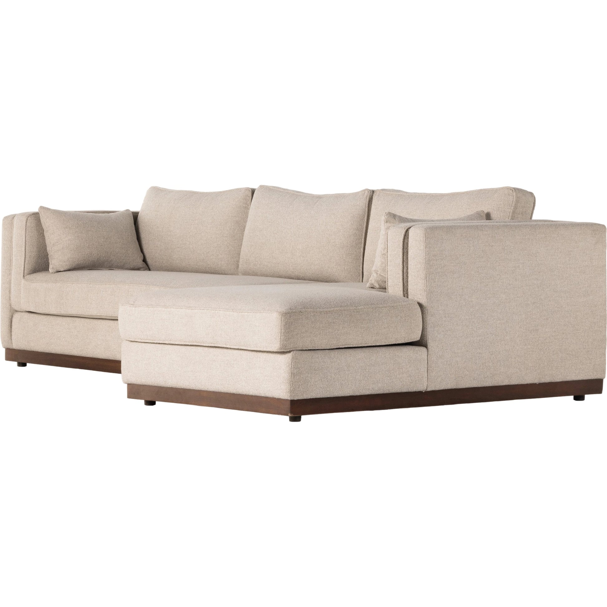 Lawrence 2-Piece Sectional with Chaise by Four Hands in nova taupe. Made from 100% polyester, solid rosa morada, solid pine in a modern style.