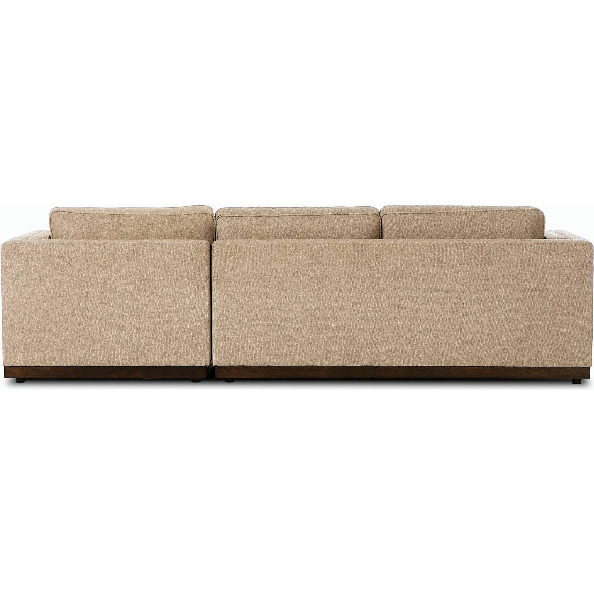 Lawrence 2-Piece Sectional with Chaise by Four Hands in nova taupe. Made from 100% polyester, solid rosa morada, solid pine in a modern style.
