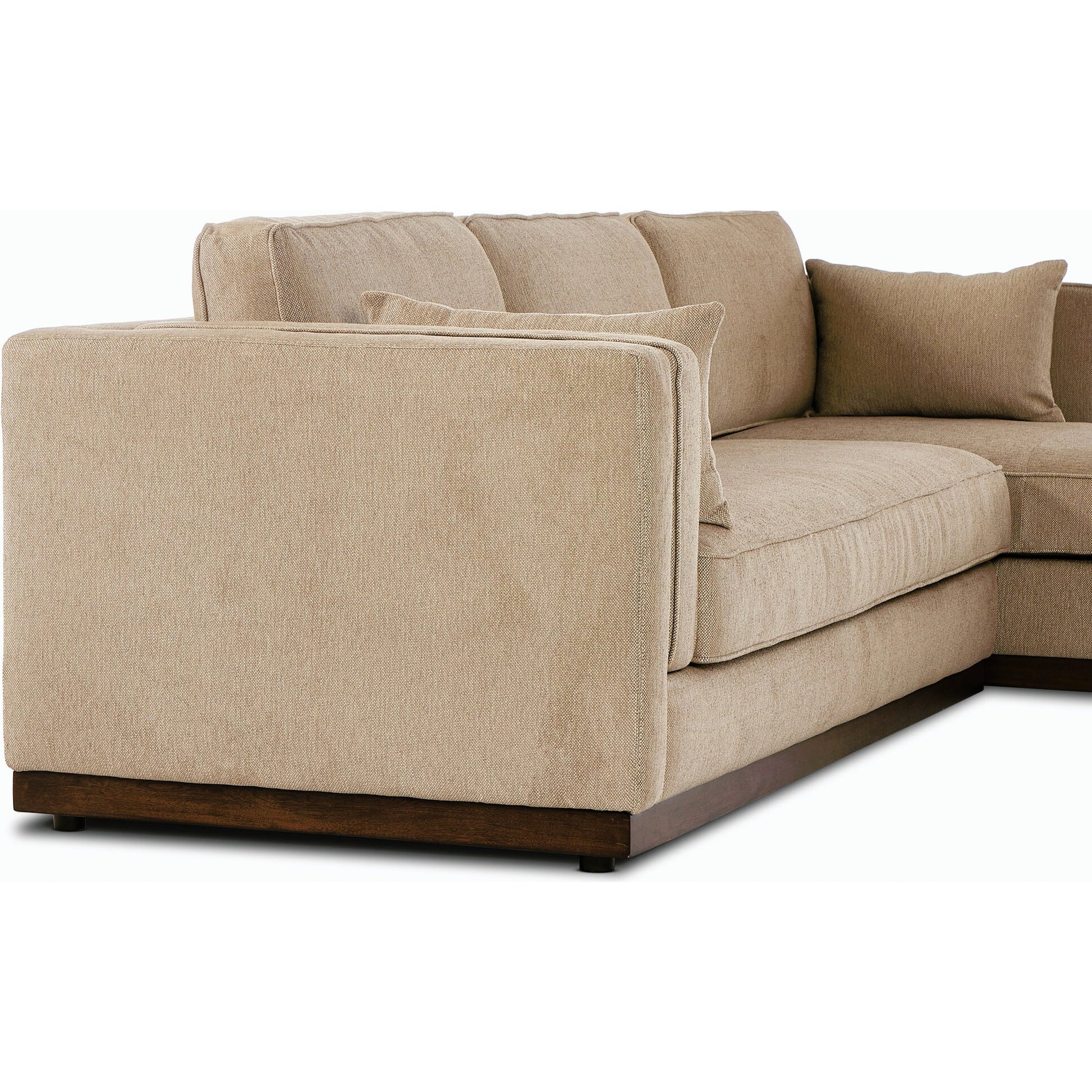 Lawrence 2-Piece Sectional with Chaise by Four Hands in nova taupe. Made from 100% polyester, solid rosa morada, solid pine in a modern style.