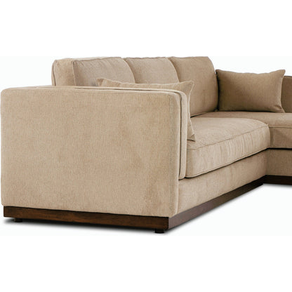 Lawrence 2-Piece Sectional with Chaise by Four Hands in nova taupe. Made from 100% polyester, solid rosa morada, solid pine in a modern style.