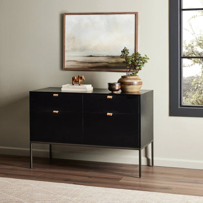 Trey Modular Wide Filing Cabinet by Four Hands. Made from solid poplar, top grain leather, iron in a modern style.