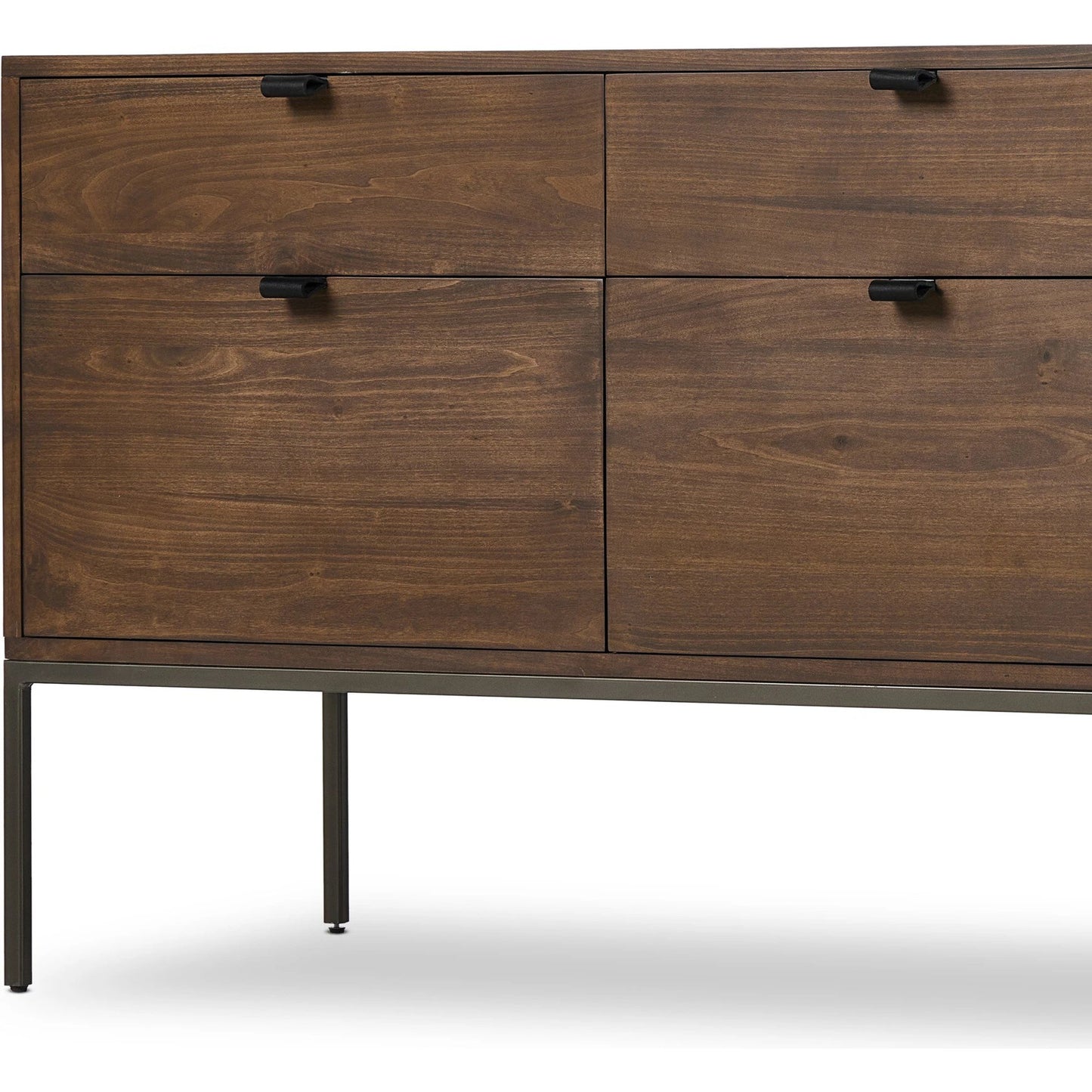 022 SI-2137671 | Closeup | Trey Modular Wide Filing Cabinet by Four Hands. Made from solid poplar, top grain leather, iron in a modern style.