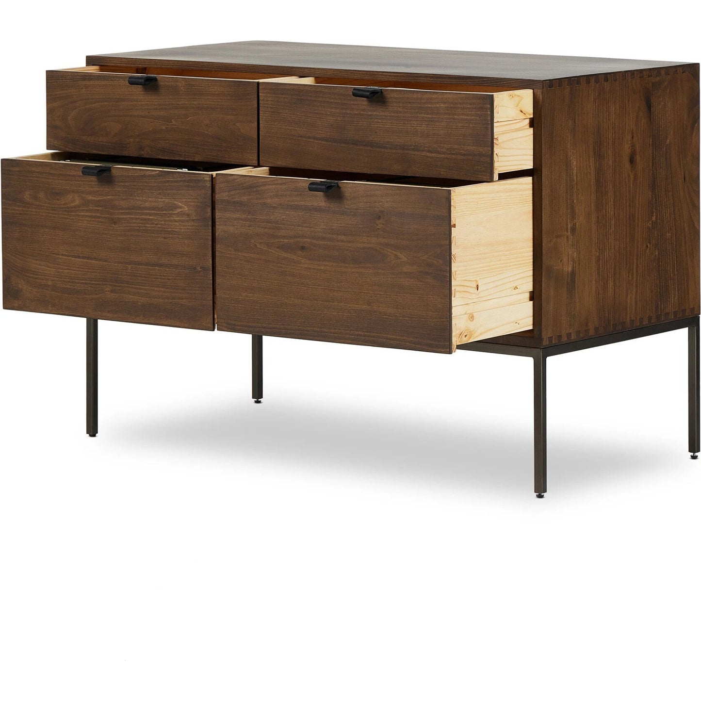 023 SI-2137671 | Closeup | Trey Modular Wide Filing Cabinet by Four Hands. Made from solid poplar, top grain leather, iron in a modern style.