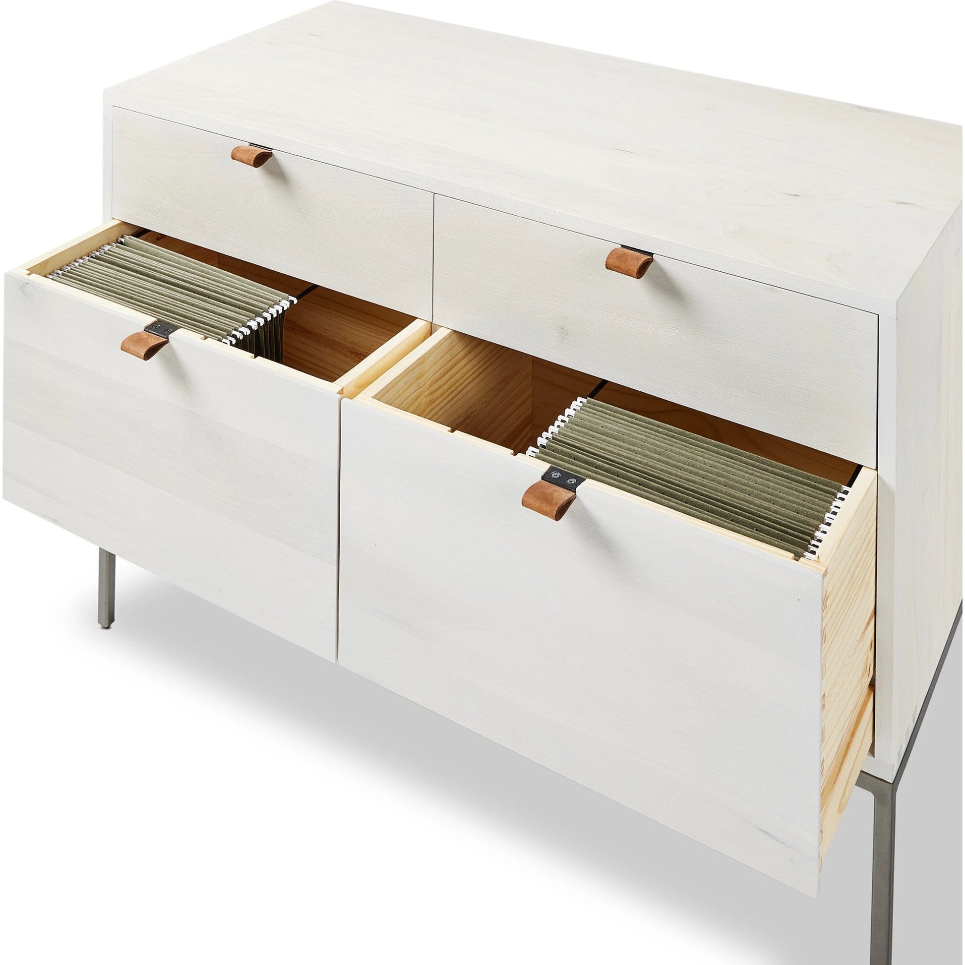 Trey Modular Wide Filing Cabinet by Four Hands. Made from solid poplar, top grain leather, iron in a modern style.