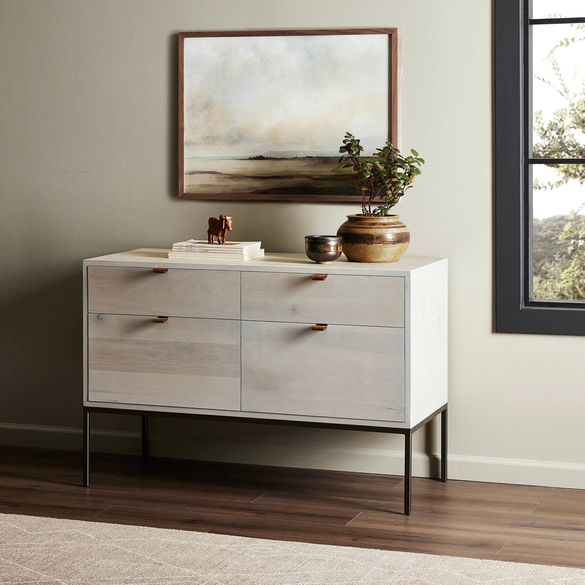 Trey Modular Wide Filing Cabinet by Four Hands. Made from solid poplar, top grain leather, iron in a modern style.