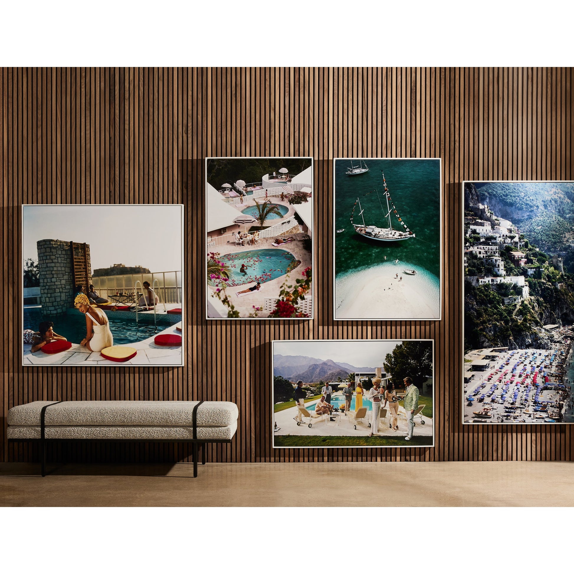 Palm Springs Party by Slim Aarons by Four Hands. Made from white maple, gloss white chromaluxe in a coastal style.