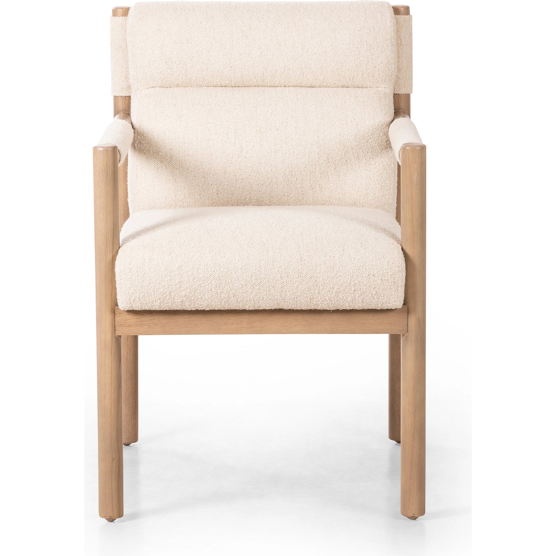 Kiano Dining Armchair by Four Hands in charter oatmeal and washed natural parawood. Made from 69% polyester, 23% acrylic, 8% flax, linen, solid parawood, 100% polyester in a modern style.