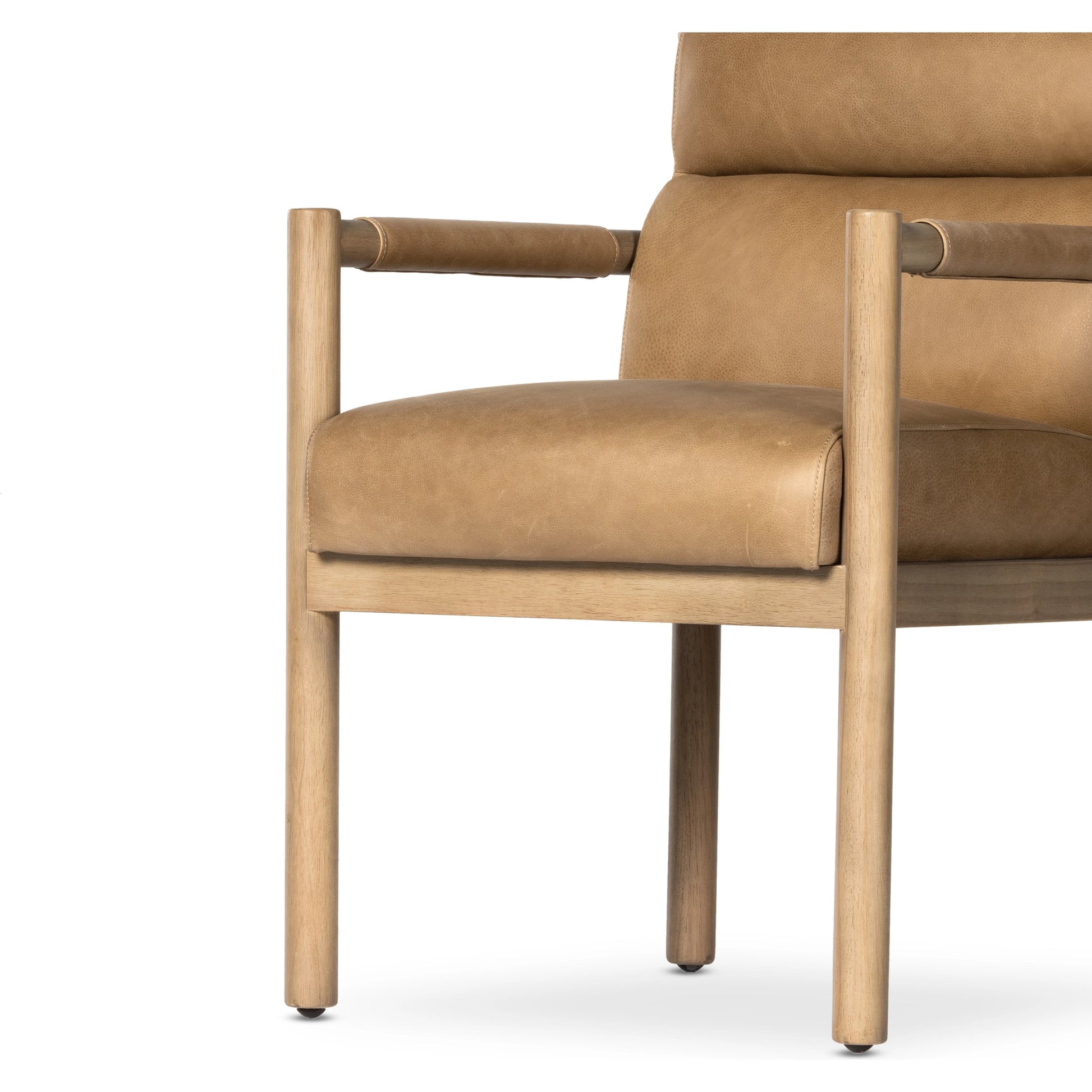 Kiano Dining Leather Armchair by Four Hands in palermo drift, washed natural parawood. Made from top grain leather, solid parawood, 100% polyester in a modern style.