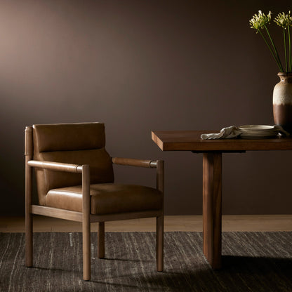 Kiano Dining Leather Armchair by Four Hands in palermo drift, washed natural parawood. Made from top grain leather, solid parawood, 100% polyester in a modern style.