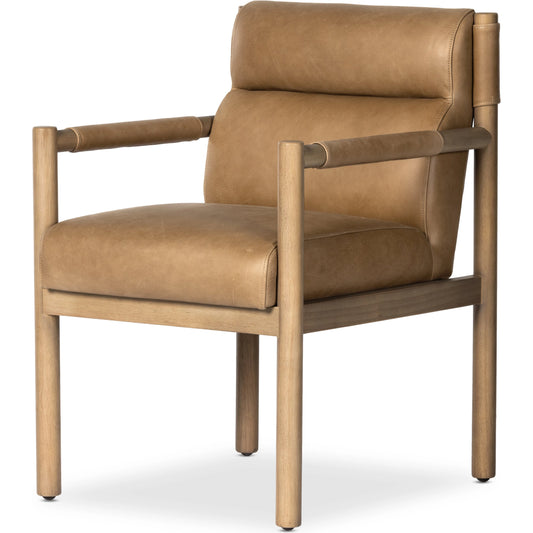 Kiano Dining Leather Armchair by Four Hands in palermo drift, washed natural parawood. Made from top grain leather, solid parawood, 100% polyester in a modern style.