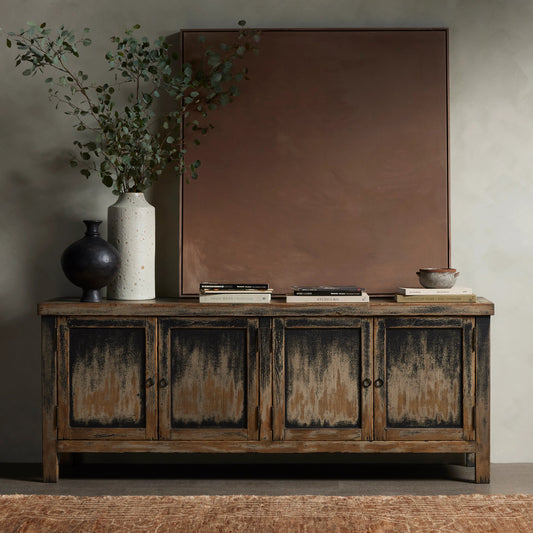 Hitchens Media Console by Four Hands in worn black, distressed copper. Made from solid pine, copper cladding in a rustic style.