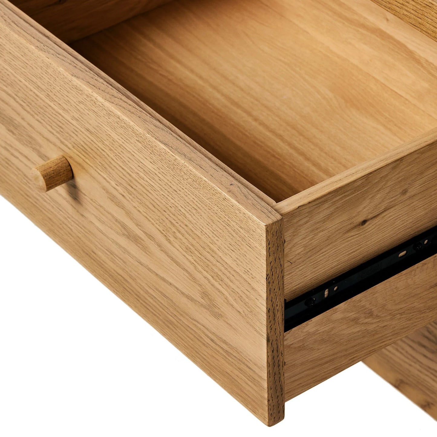 016 SI-2257085 | Closeup | Millbrook Media Console by Four Hands in natural light oak. Made from solid oak, oak veneer in a transitional style.