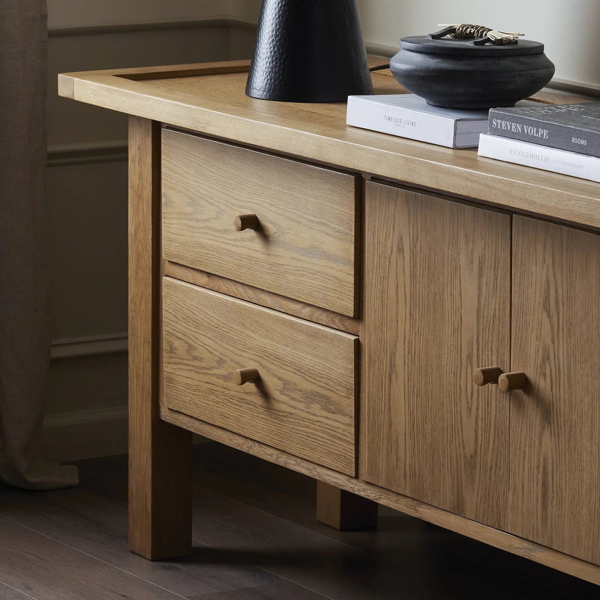 Millbrook Media Console by Four Hands in natural light oak. Made from solid oak, oak veneer in a transitional style.