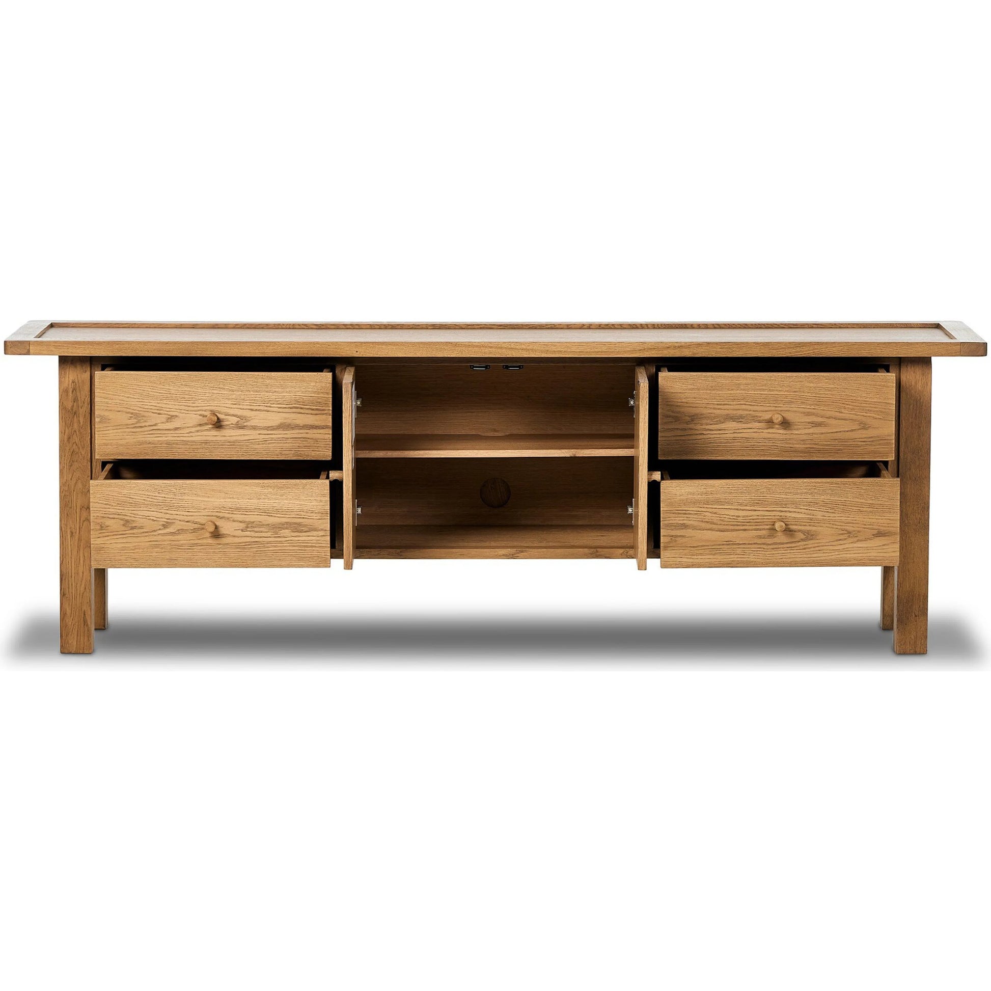 Millbrook Media Console by Four Hands in natural light oak. Made from solid oak, oak veneer in a transitional style.