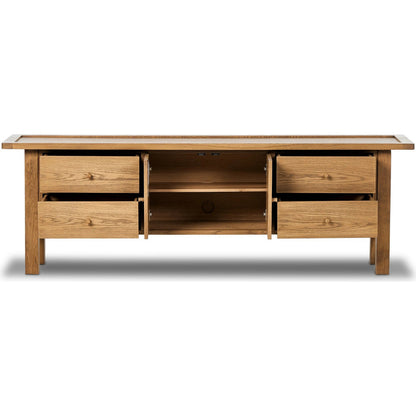 Millbrook Media Console by Four Hands in natural light oak. Made from solid oak, oak veneer in a transitional style.