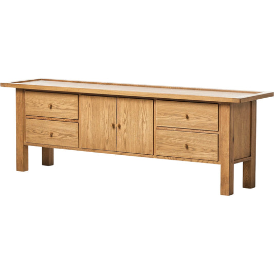 Millbrook Media Console by Four Hands in natural light oak. Made from solid oak, oak veneer in a transitional style.