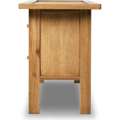 Millbrook Media Console by Four Hands in natural light oak. Made from solid oak, oak veneer in a transitional style.