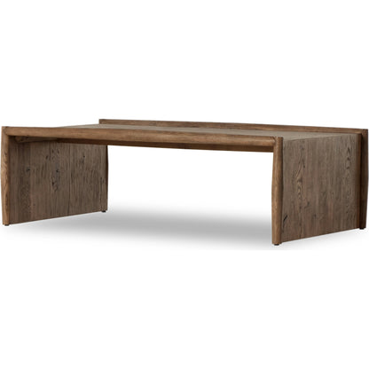 Glenview Coffee Table by Four Hands in weathered oak. Made from solid oak, thick oak veneer, engineered hardwood in a modern style.