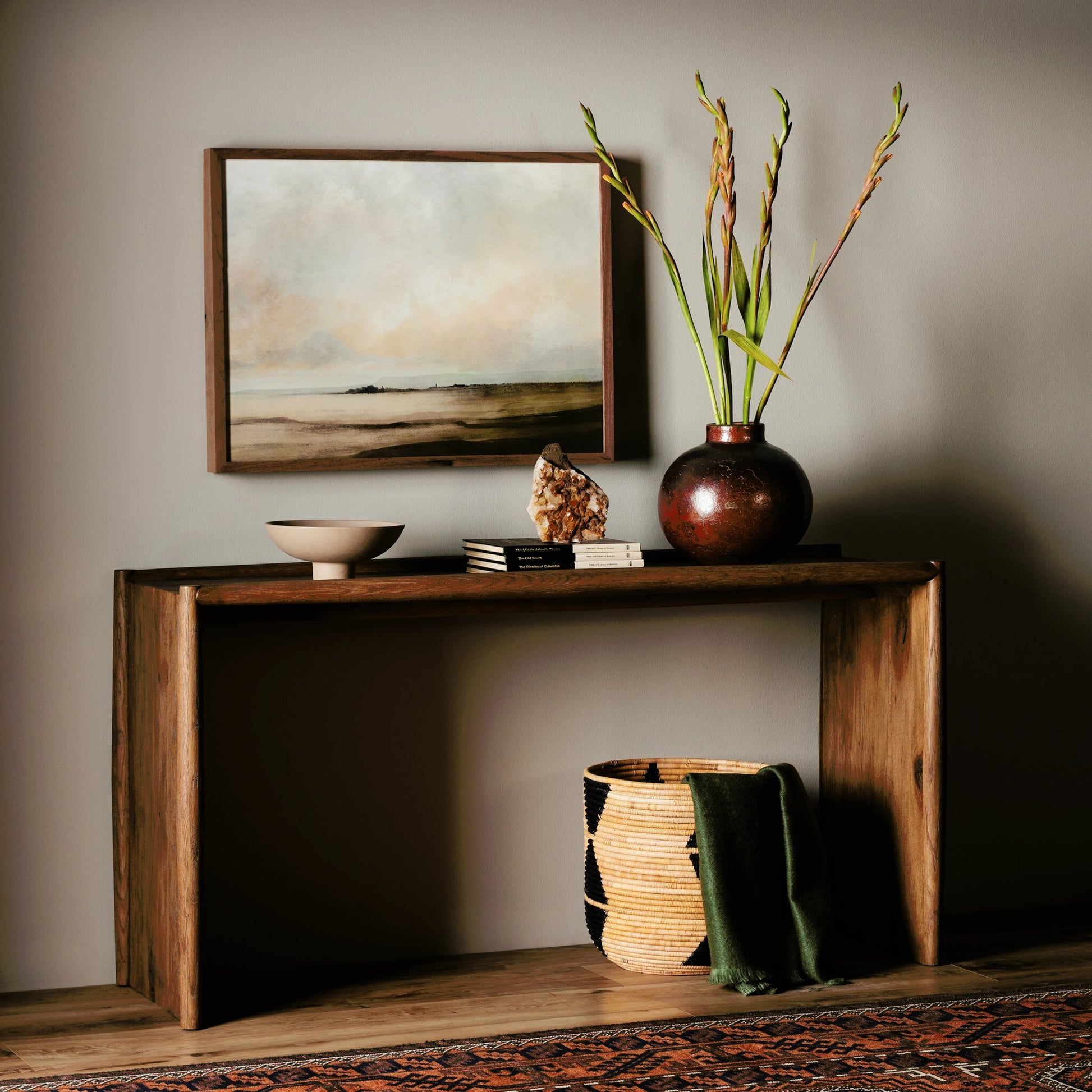 Glenview Console Table by Four Hands in weathered oak. Made from solid oak, thick oak veneer, engineered hardwood in a modern style.