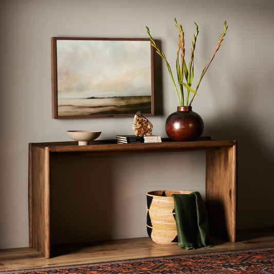Glenview Console Table by Four Hands in weathered oak. Made from solid oak, thick oak veneer, engineered hardwood in a modern style.
