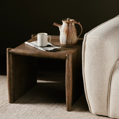 Glenview End Table by Four Hands in weathered oak. Made from solid oak, thick oak veneer, engineered hardwood in a modern style.