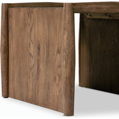 Glenview End Table by Four Hands in weathered oak. Made from solid oak, thick oak veneer, engineered hardwood in a modern style.