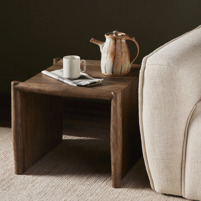 Glenview End Table by Four Hands in weathered oak. Made from solid oak, thick oak veneer, engineered hardwood in a modern style.