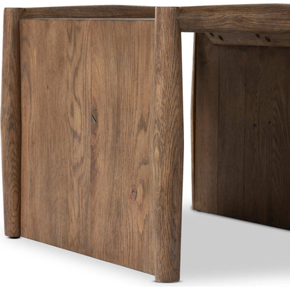 Glenview End Table by Four Hands in weathered oak. Made from solid oak, thick oak veneer, engineered hardwood in a modern style.