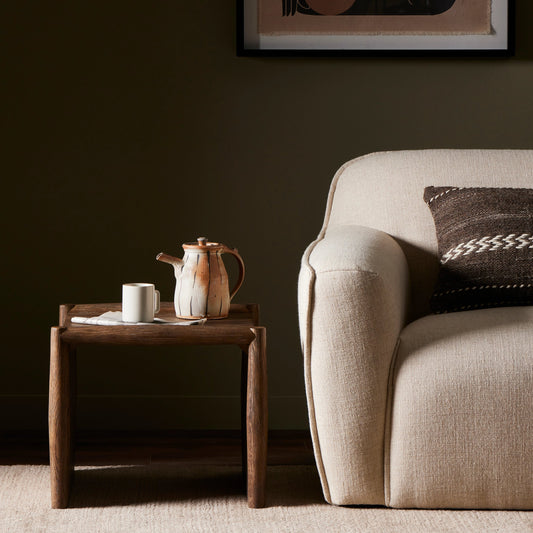 Glenview End Table by Four Hands in weathered oak. Made from solid oak, thick oak veneer, engineered hardwood in a modern style.
