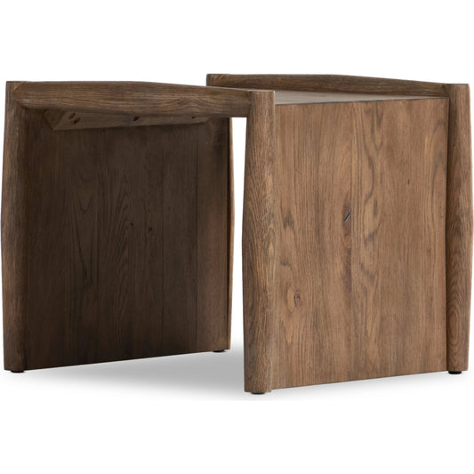 Glenview End Table by Four Hands in weathered oak. Made from solid oak, thick oak veneer, engineered hardwood in a modern style.