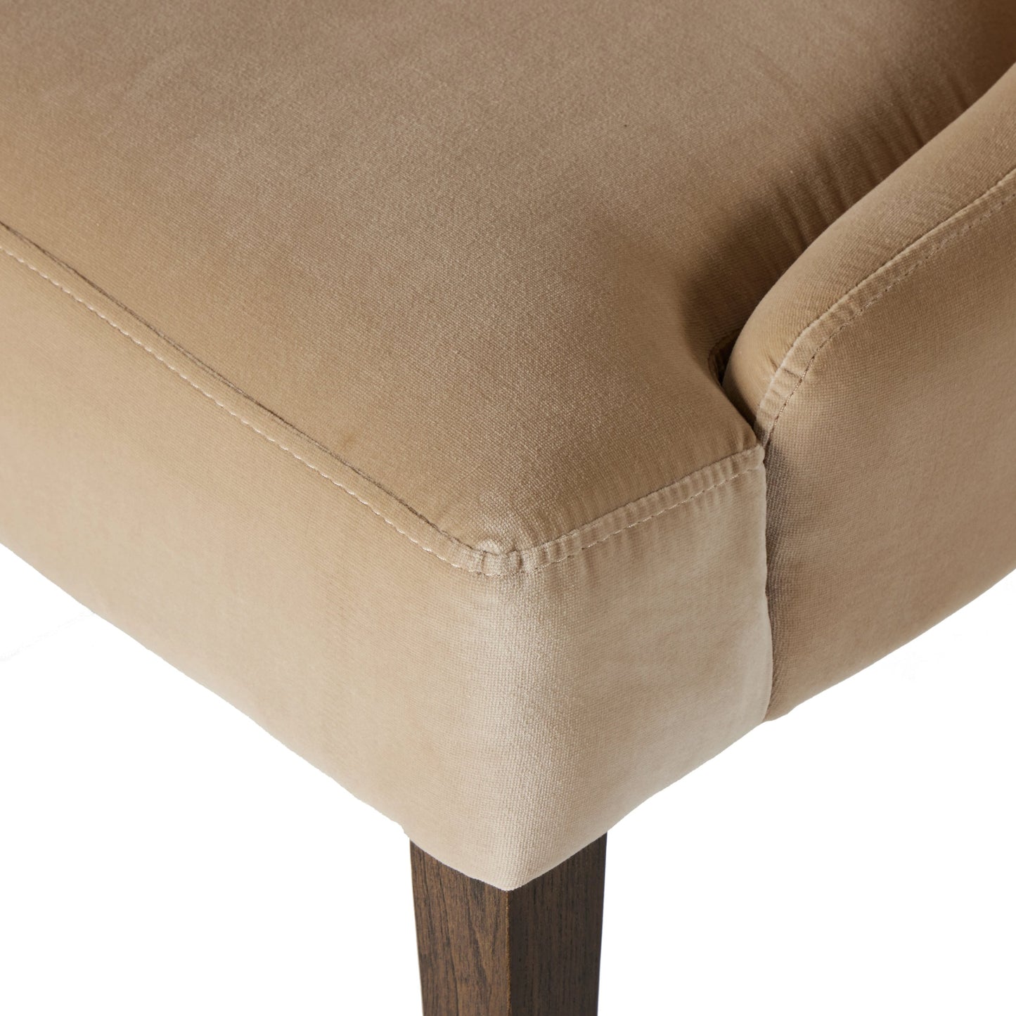011 SI-2001240 | Closeup | Edward Dining Chair by Four Hands in surrey taupe. Made from 76.8% cotton, 23.2% polyester, solid nettlewood, 100% polyester in a modern style.