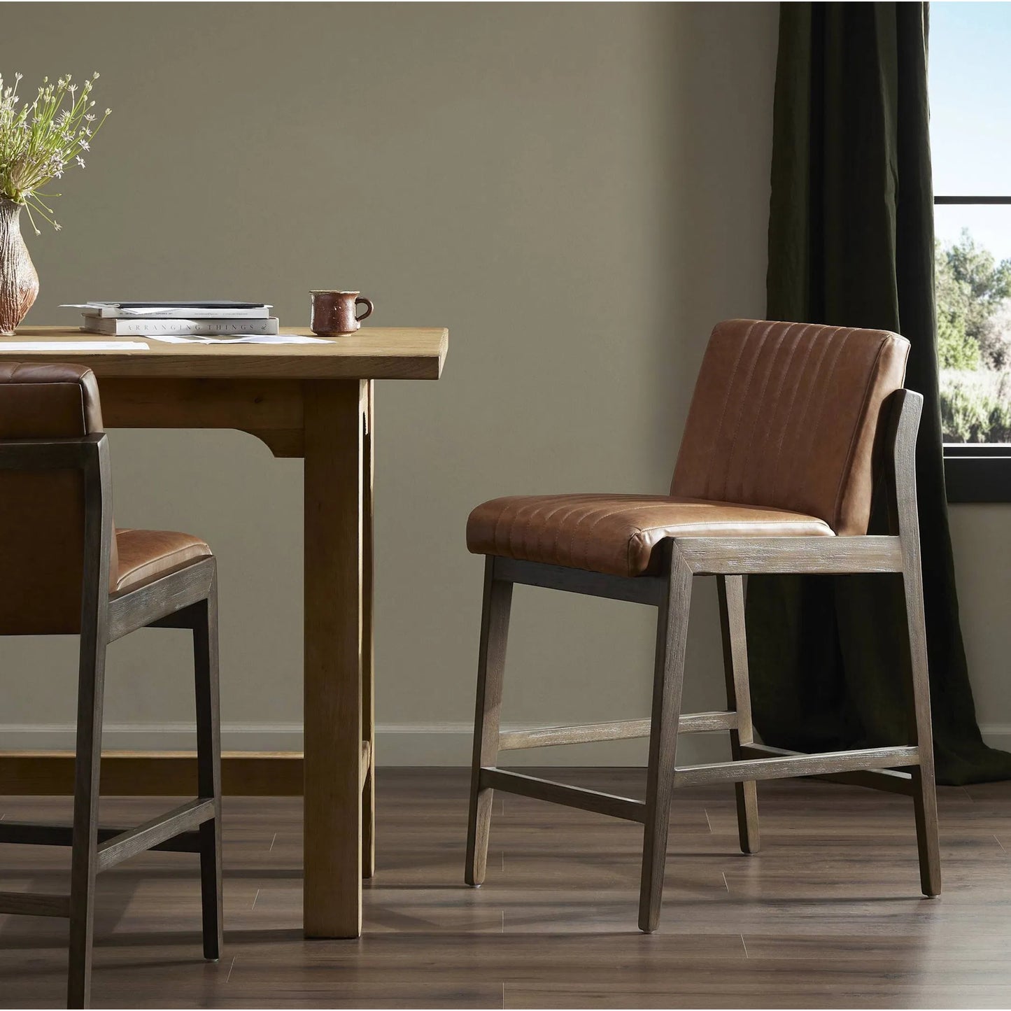 011 SI-2000917 | Lifestyle | Alice Counter Stool by Four Hands in chestnut. Made from top grain leather, solid beech, 100% polyester in a modern style.