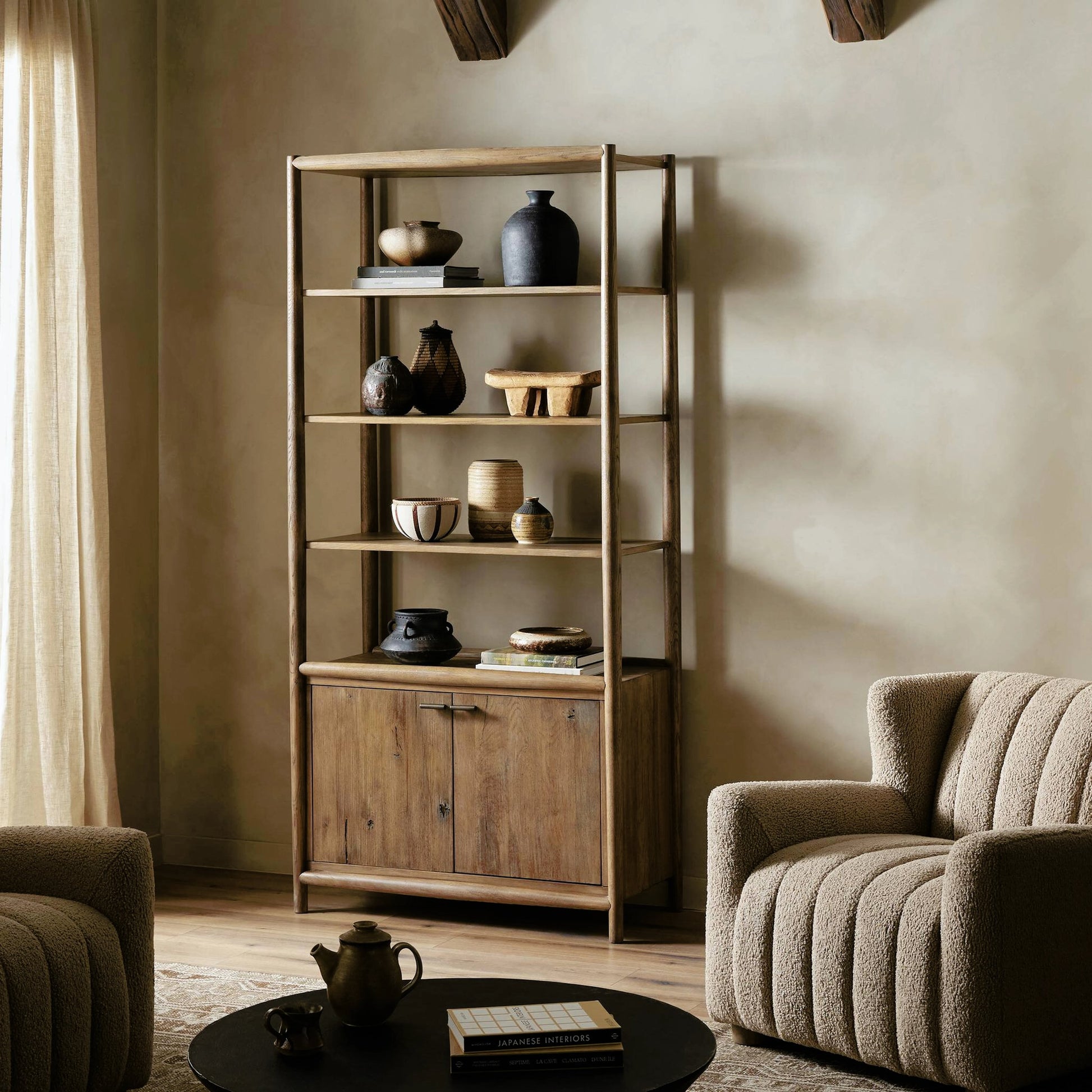 Glenview Bookcase by Four Hands in weathered oak. Made from solid oak, thick oak veneer in a modern style.