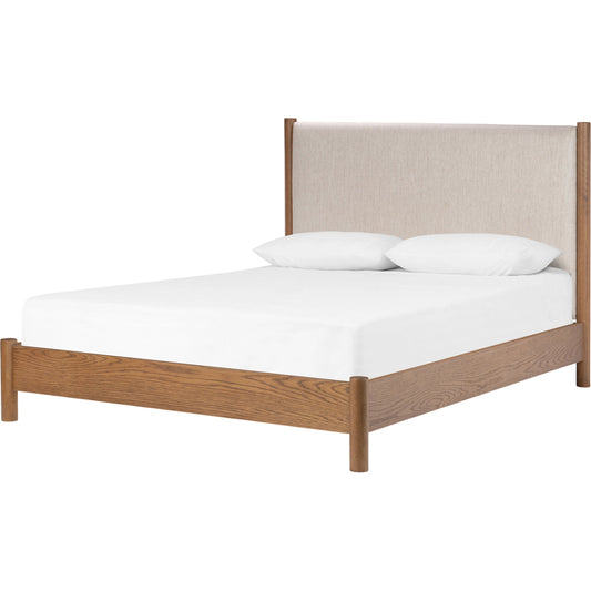 Roark Bed by Four Hands in essence natural, amber oak, amber oak veneer. Made from 49% viscose (rayon), 22% flax, linen, 18% polyester, 11% cotton, solid oak in a modern style.