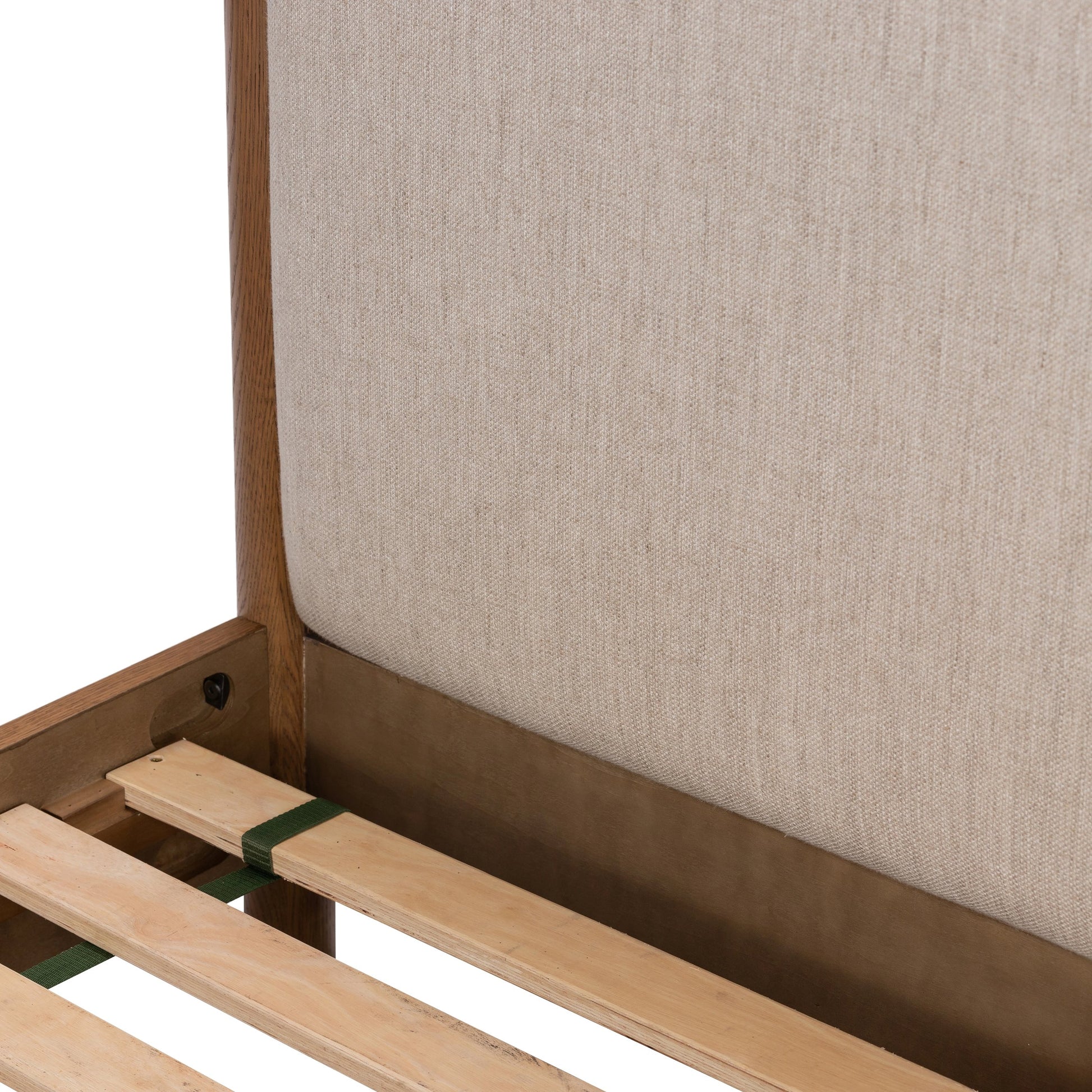 Roark Bed by Four Hands in essence natural and amber oak. Made from 49% viscose (rayon), 22% flax, linen, 18% polyester, 11% cotton, solid oak in a modern style.