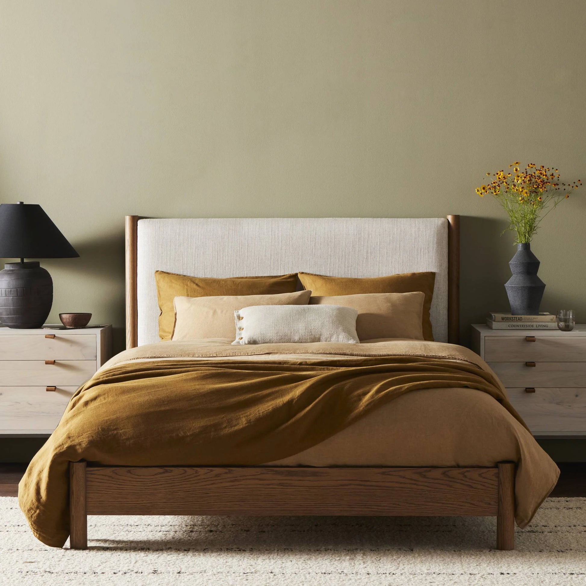 Roark Bed by Four Hands in essence natural and amber oak. Made from 49% viscose (rayon), 22% flax, linen, 18% polyester, 11% cotton, solid oak in a modern style.
