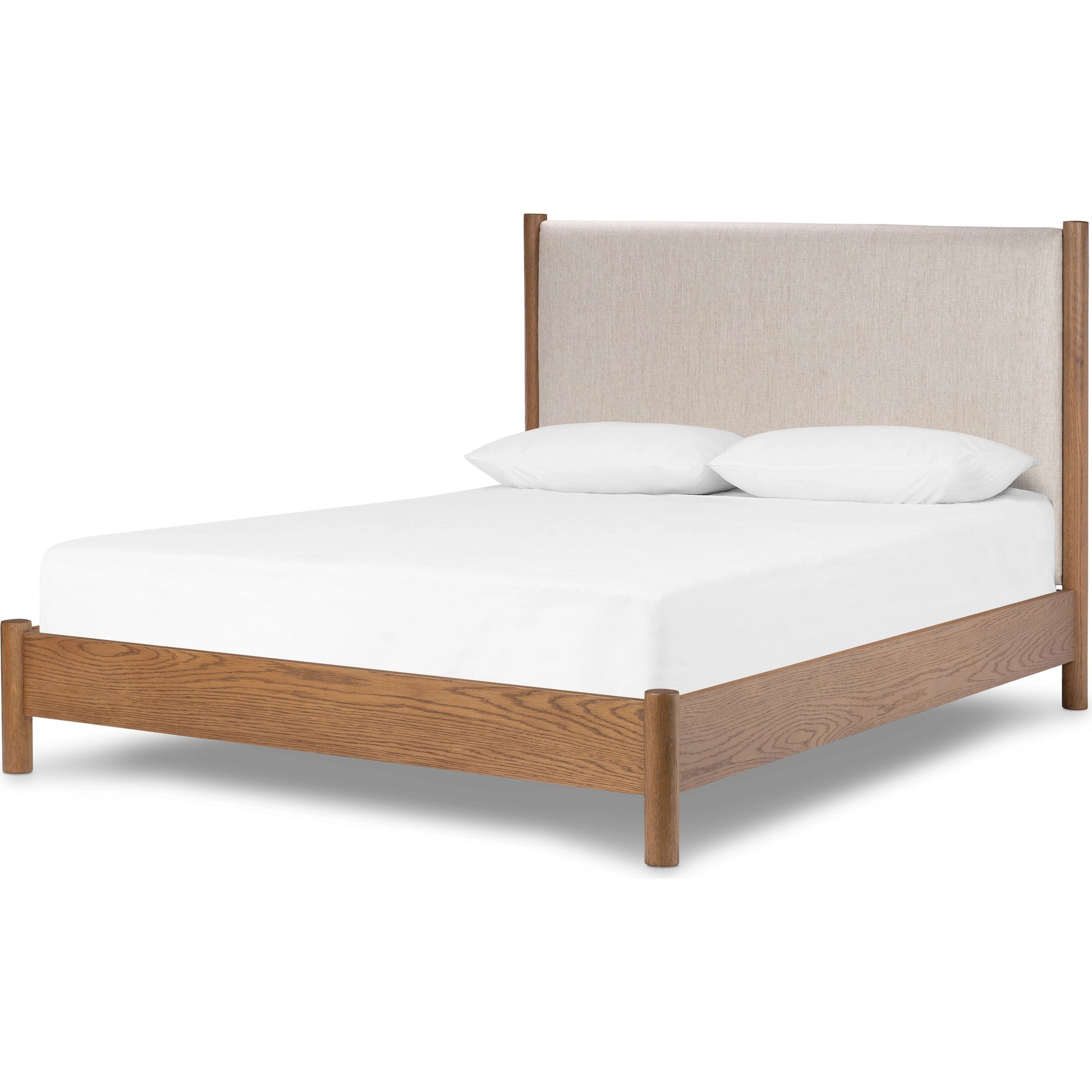 Roark Bed by Four Hands in essence natural and amber oak. Made from 49% viscose (rayon), 22% flax, linen, 18% polyester, 11% cotton, solid oak in a modern style.