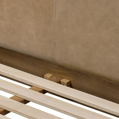 Roark Bed by Four Hands in palermo drift, amber oak, amber oak veneer. Made from top grain leather, solid oak, oak veneer in a traditional style.