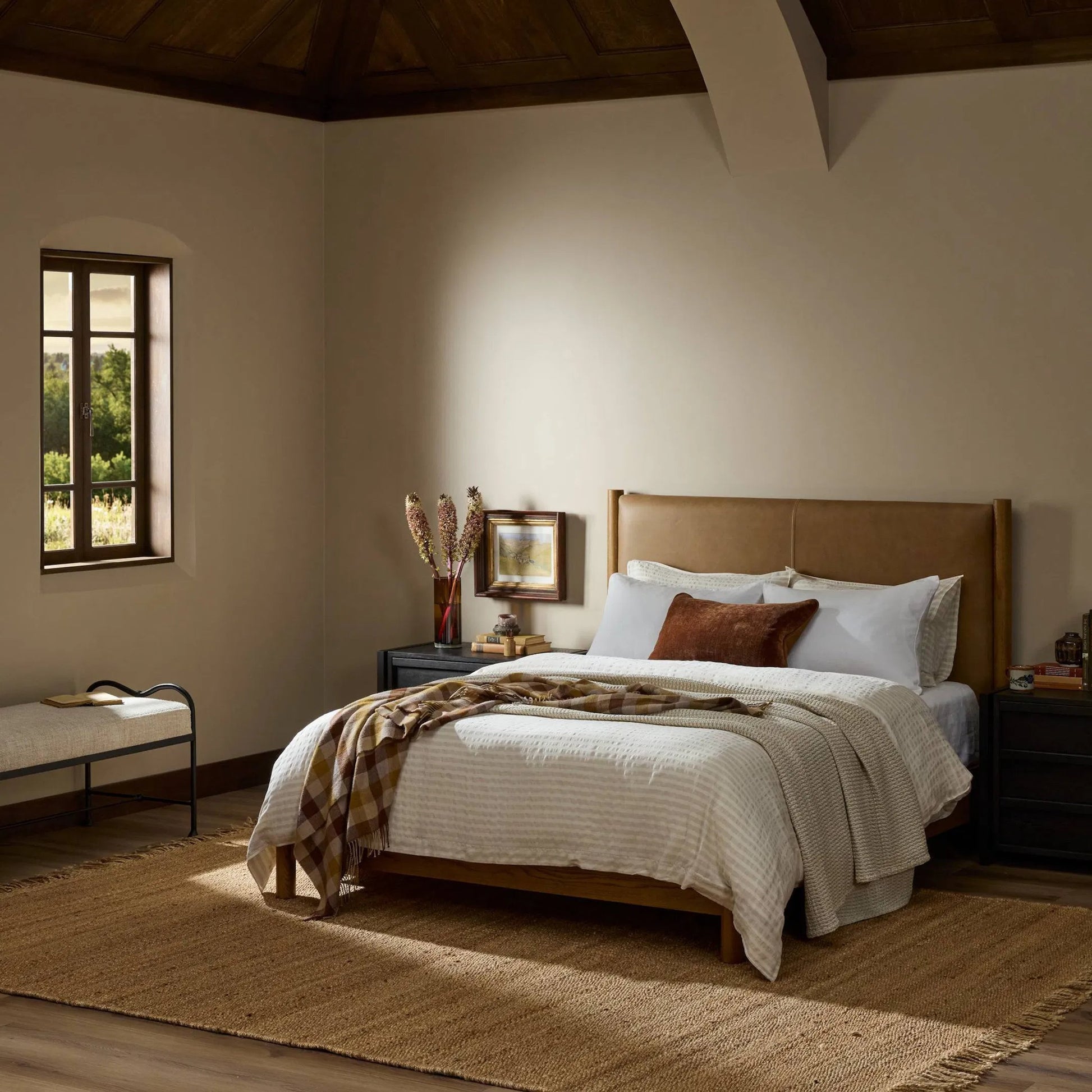 Roark Bed by Four Hands in palermo drift, amber oak, amber oak veneer. Made from top grain leather, solid oak, oak veneer in a traditional style.