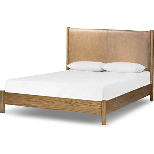 Roark Bed by Four Hands in palermo drift, amber oak, amber oak veneer. Made from top grain leather, solid oak, oak veneer in a traditional style.
