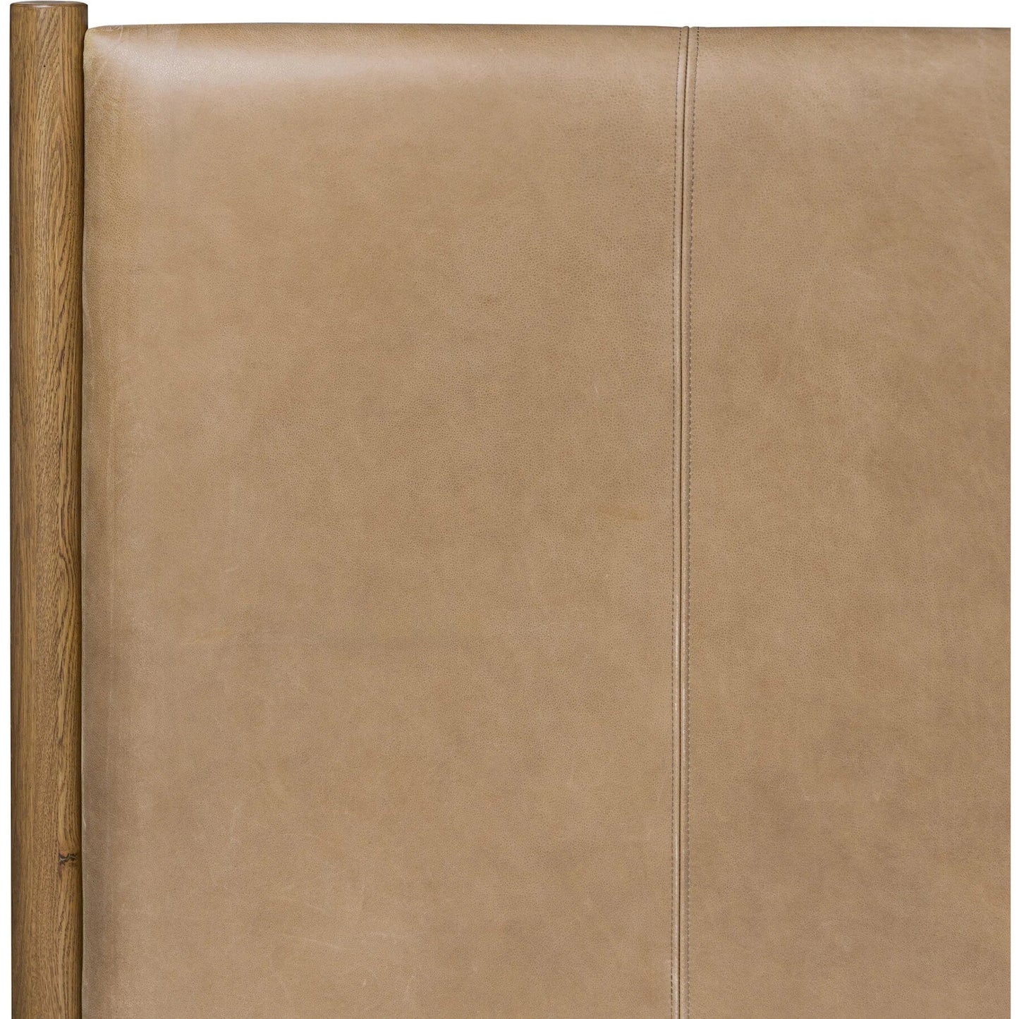 010 SI-2519279 | Closeup | Roark Bed by Four Hands in palermo drift, amber oak, amber oak veneer. Made from top grain leather, solid oak, oak veneer in a traditional style.