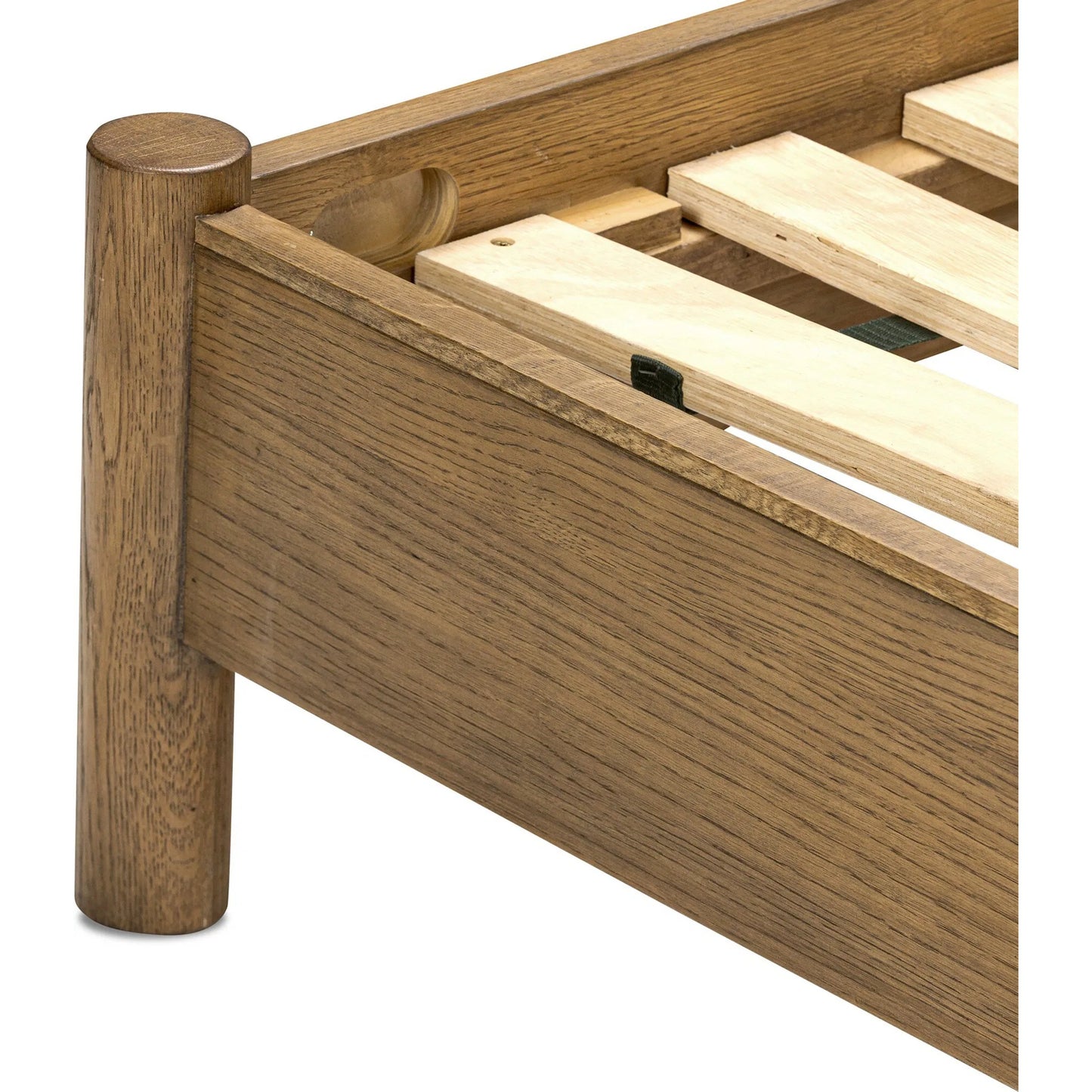 014 SI-2519279 | Closeup | Roark Bed by Four Hands in palermo drift, amber oak, amber oak veneer. Made from top grain leather, solid oak, oak veneer in a traditional style.