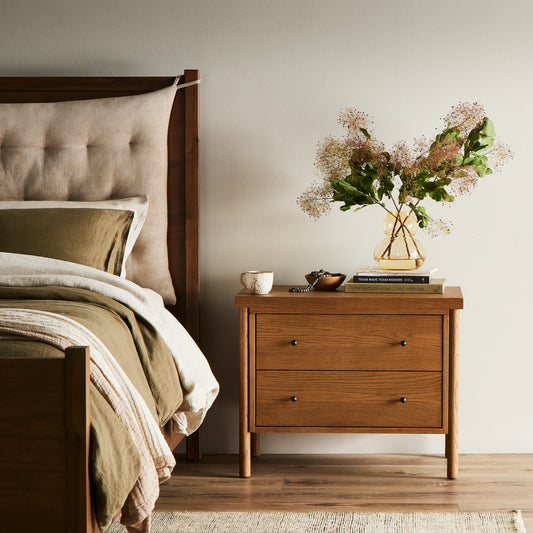 Roark Nightstand by Four Hands in amber oak. Made from oak veneer, solid oak in a modern style.