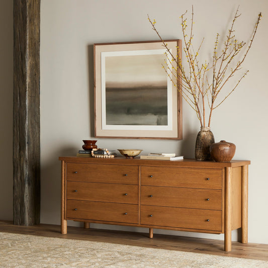 Roark 6 Drawer Dresser by Four Hands in amber oak. Made from oak veneer, solid oak in a modern style.